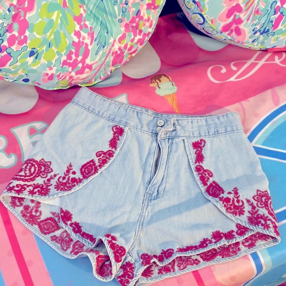 BDG light blue wrap shorts with pink embroidery